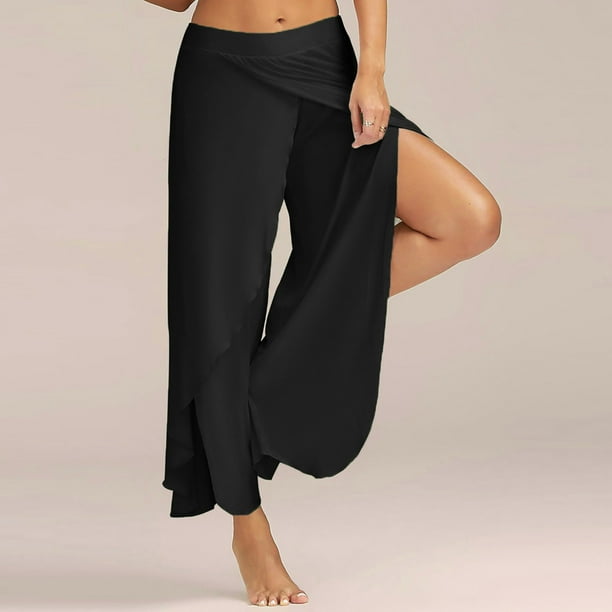 Women's Pants Casual Trendy Sexy Waist Wide Leg Flowy Trousers Summer Loose  Plus Size Yoga Comfortable Breathable (Small, Black)