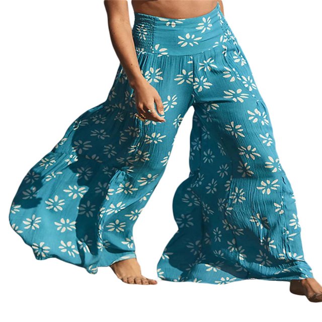 Pantalons de Plage Boho pour Femmes Taille Haute Décontractée Ample Jambe Large Droite Imprimée
