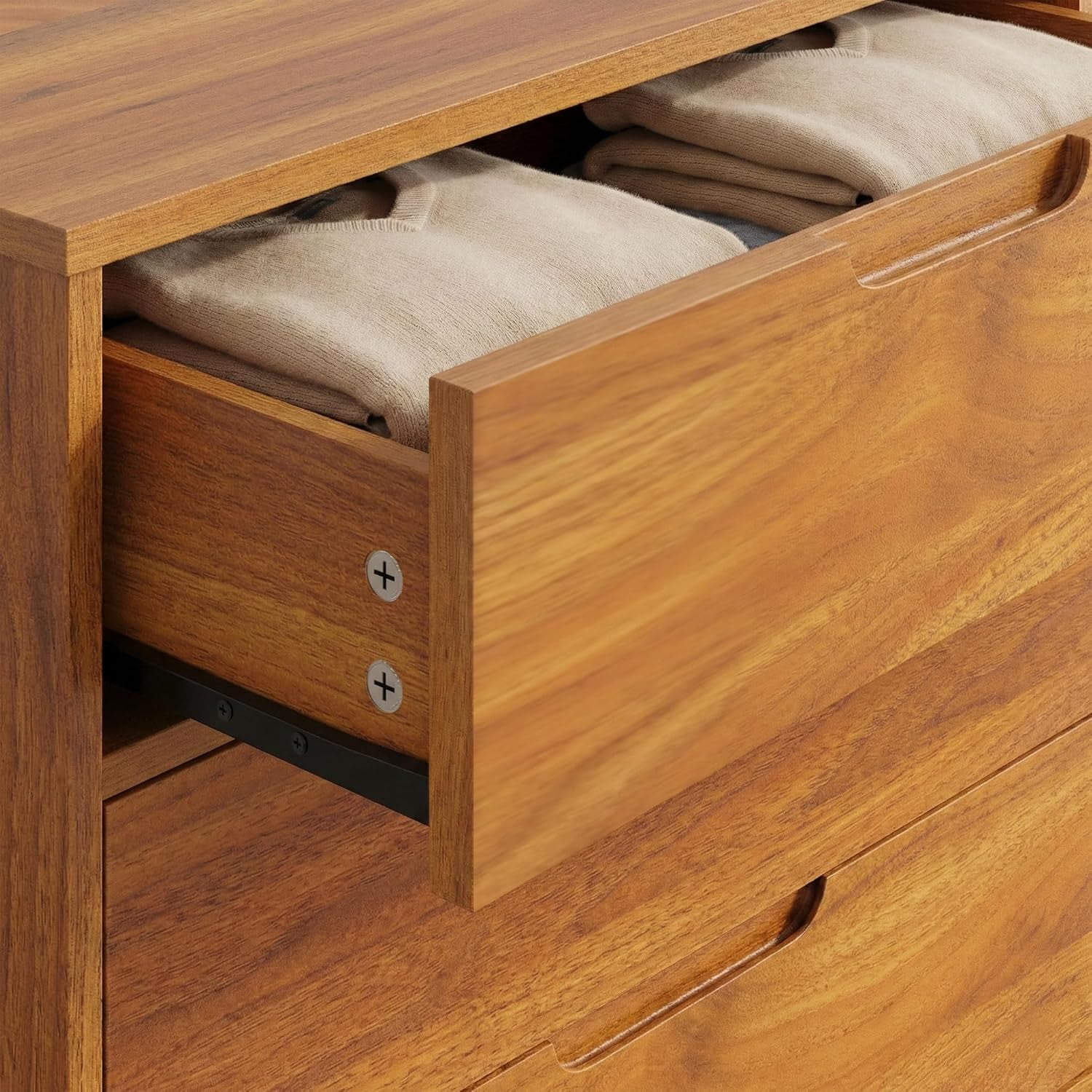 VITALOOM 47" Wide Wooden Dresser for Bedroom, Mid-Century Modern 6 Drawer Double Dresser with Walnut Wood Grain, Large Horizontal Storage Chest for Living Room, Anti-Tip Kit, Caramel