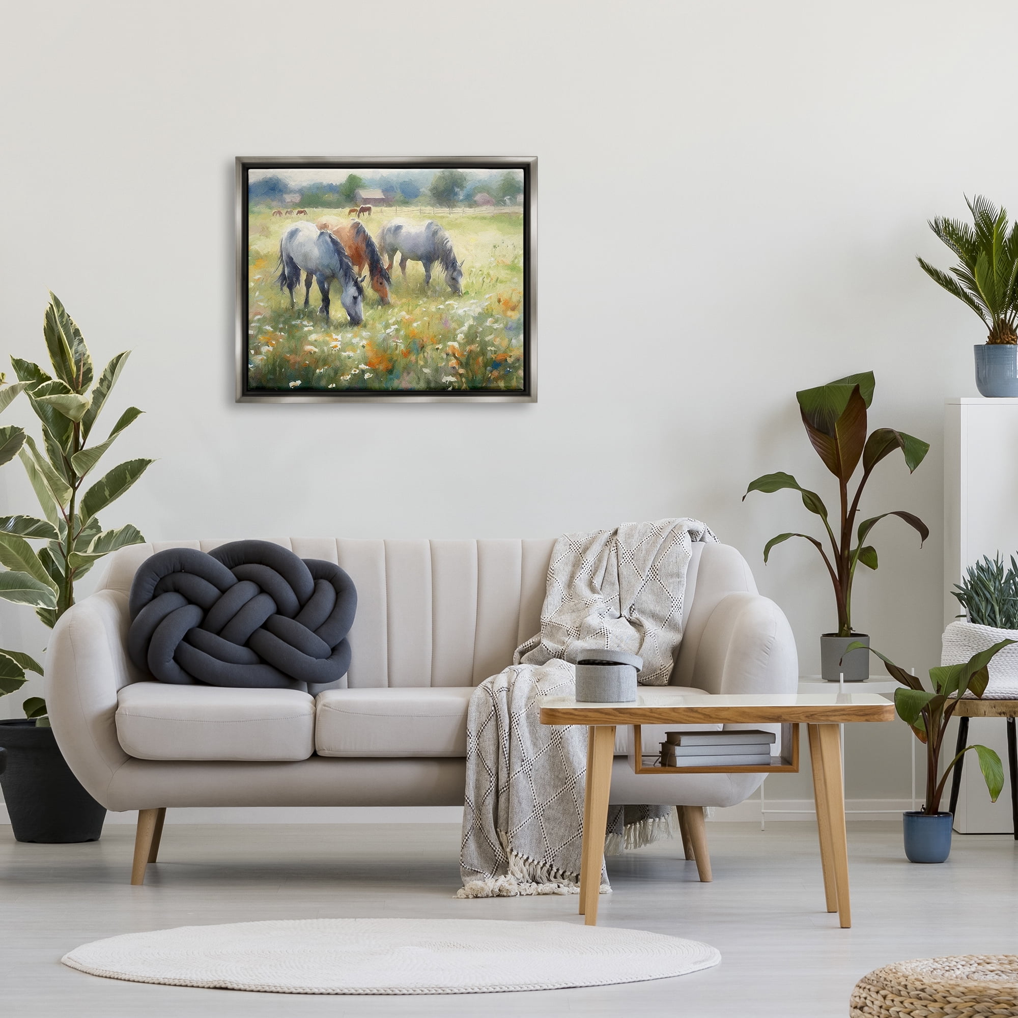 Stupell Industries Grazing Horses in Pasture Animals & Insects Painting Gray Floater Framed Canvas Art Print Wall Art, 31 x 25