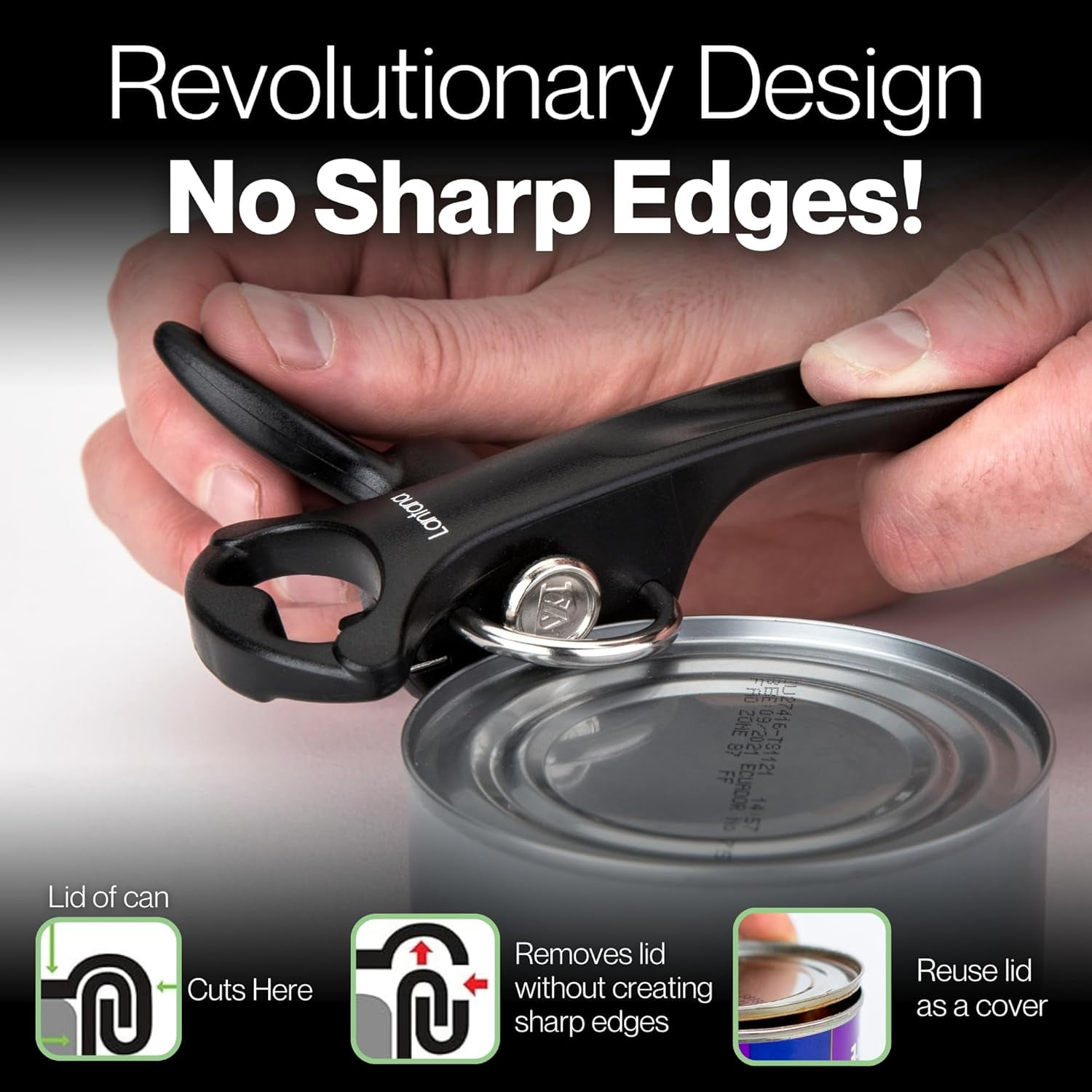 Smooth Edge Can Opener with Bottle Cap Lifter - Hand Held Manual Safety Tin Black/Stainless Steel