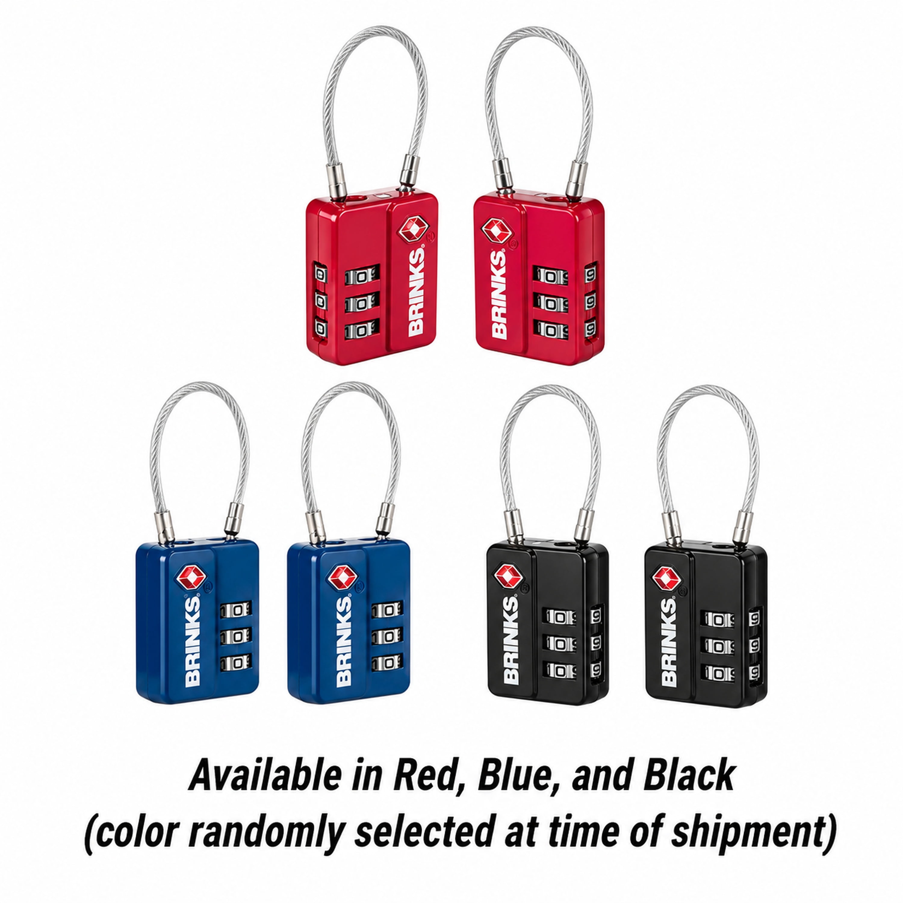 Brinks 3-Dial Combination TSA Luggage Padlock with 1-7/10in Steel Cable Shackle, 2-Pack