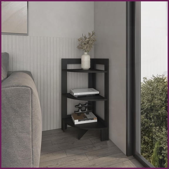 Black Modern Three-Open-Shelf Corner Shelf – Space-Saving Versatile Decor for Living Room, Bedroom