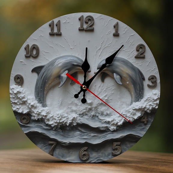Wall Clock Decorative - Minimalist Dolphins Wave Print 2D Vintage Wall Clocks Battery Operated Silent Non-Ticking for Bedroom, Living Room, Kitchen, Office, Classroom, 10 Inch