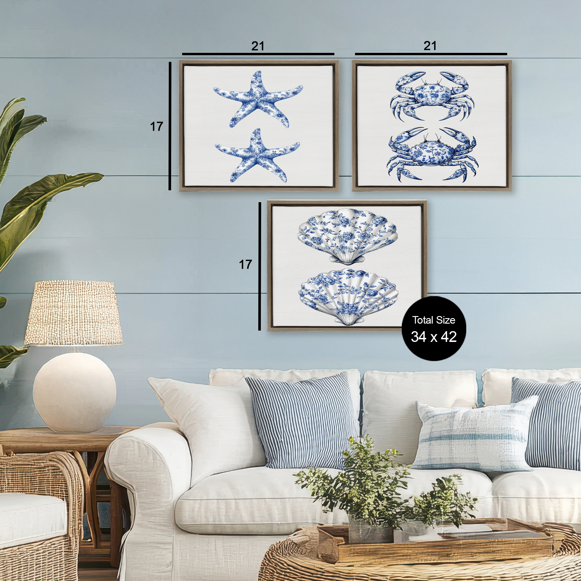 Vintage Toile Starfish & Crabs 3 Piece Brown Framed Floater Canvas Set, design by Lettered and Lined