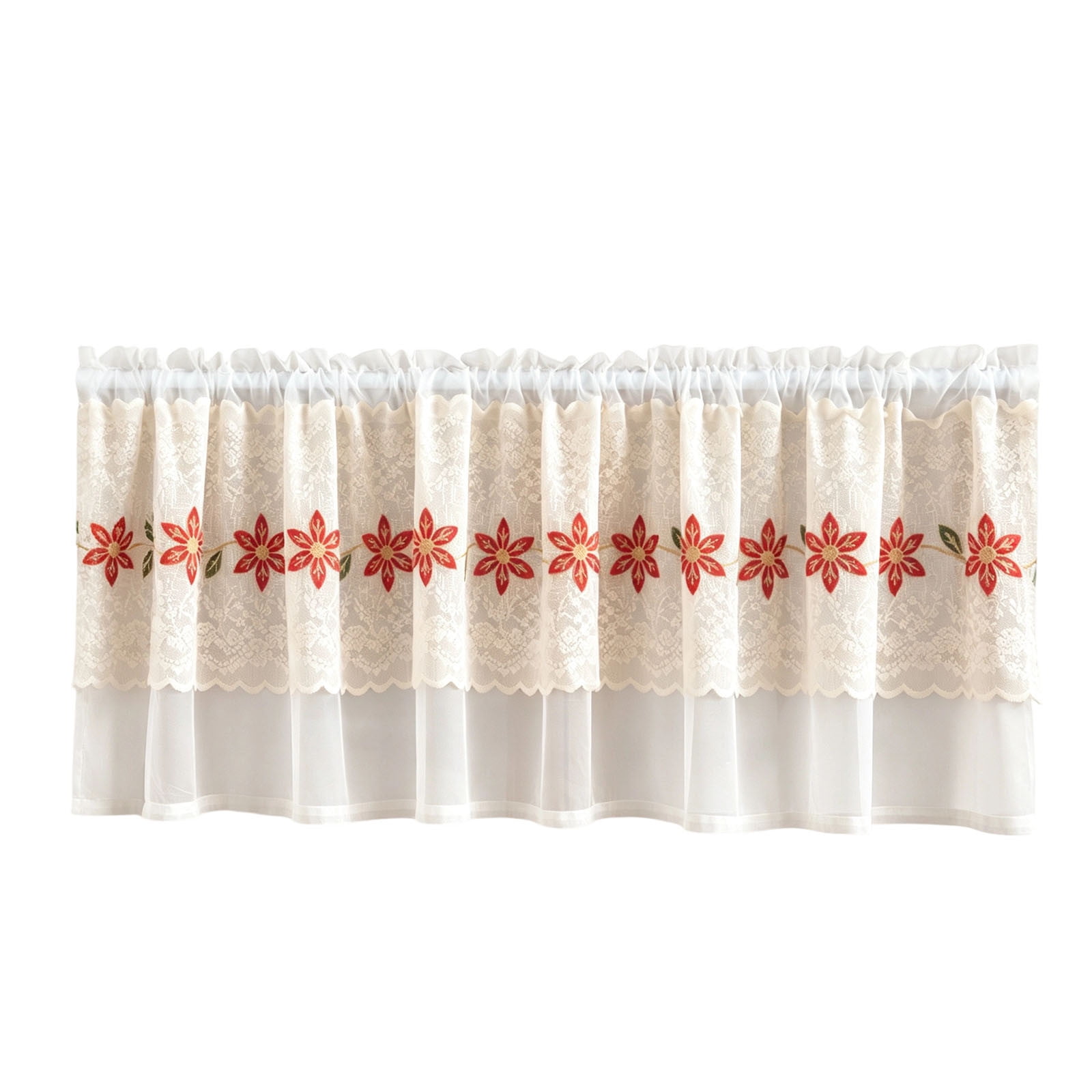 Embroidered Lace Tier Curtains Semi Sheer Fabric with Rod Pocket Header for Kitchen and Entryway Decoration