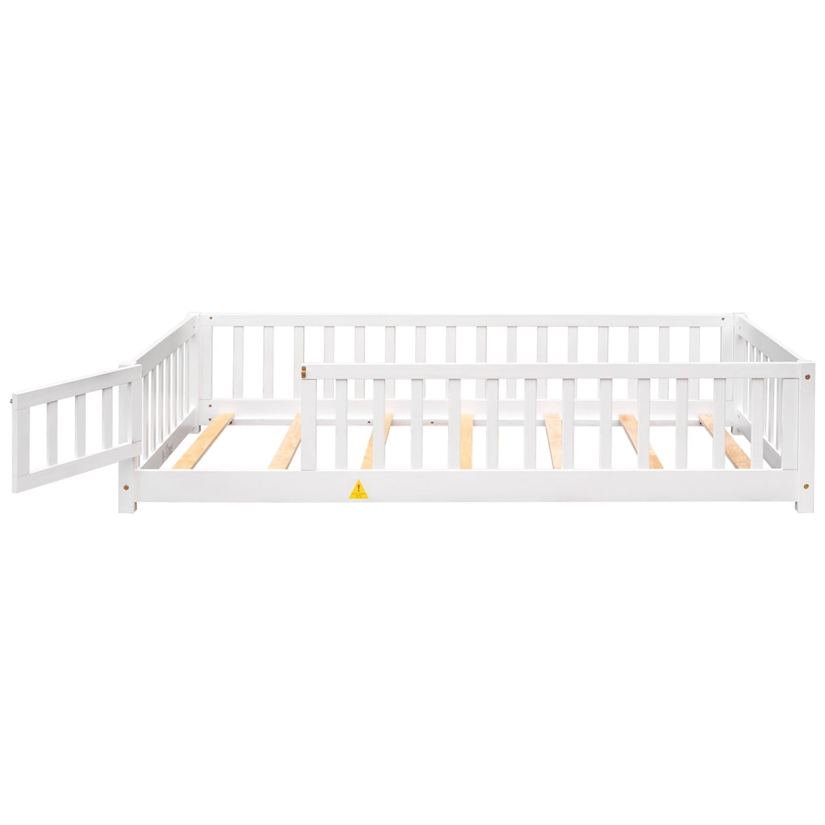 Twin Size Floor Bed, Floor Platform Bed with Door for Kids Toddlers Teens, Wood Montessori Bed Frame with Fence Guardrails, Playhouse Bed Kids Fence Bed Playpen Bed, No Box Spring Needed, White