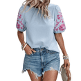 thumbnail image 2 of Blusas con Textura y Bordado Floral para Mujer, Cuello Redondo, Corta Abullonada, Informales, Holgadas, Lisas, Bordadas, Azul, XXL, 2 of 10