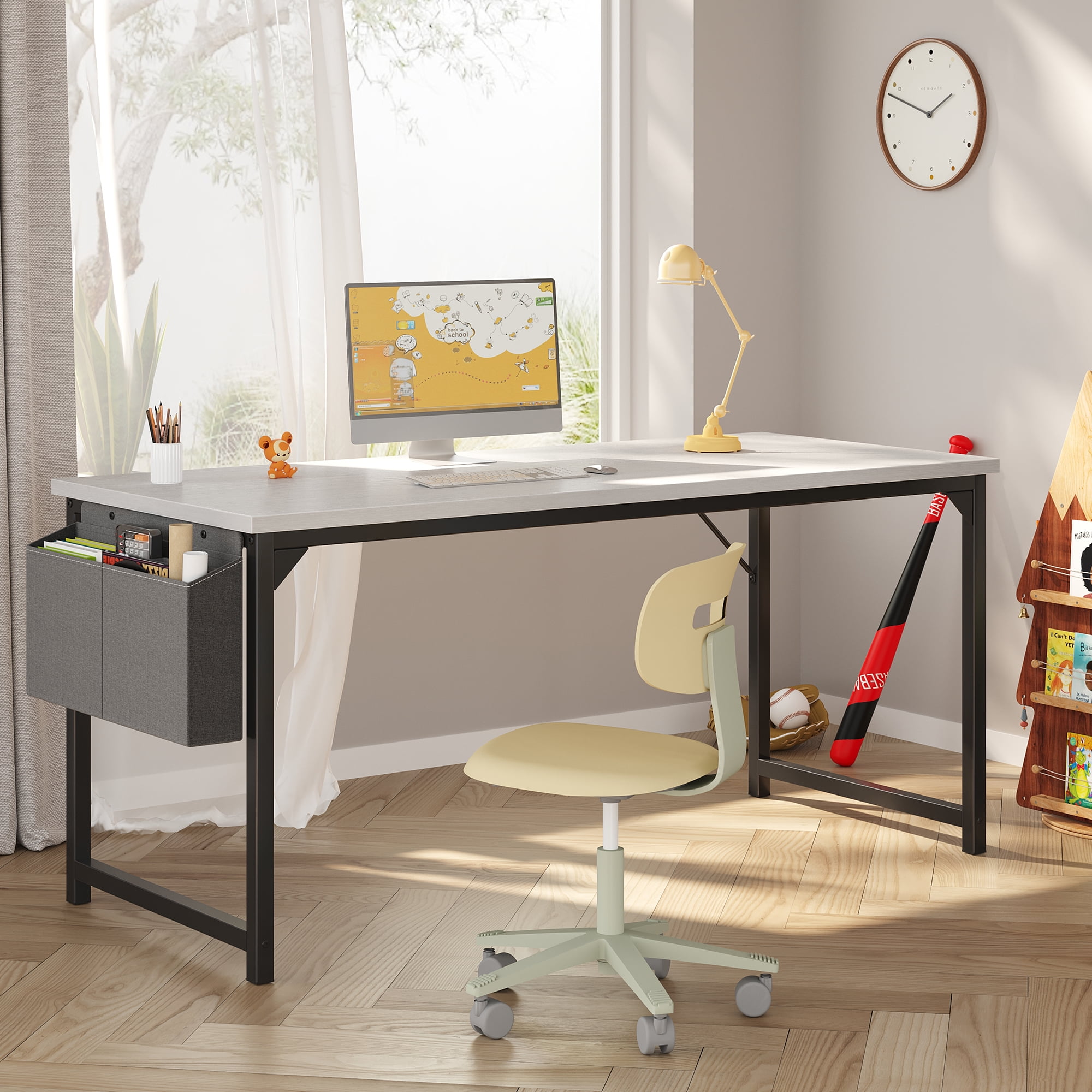 Gianna 63" Computer Desk with Metal Frame, Waterproof Surface and Storage Bag – Perfect for Office Use, White