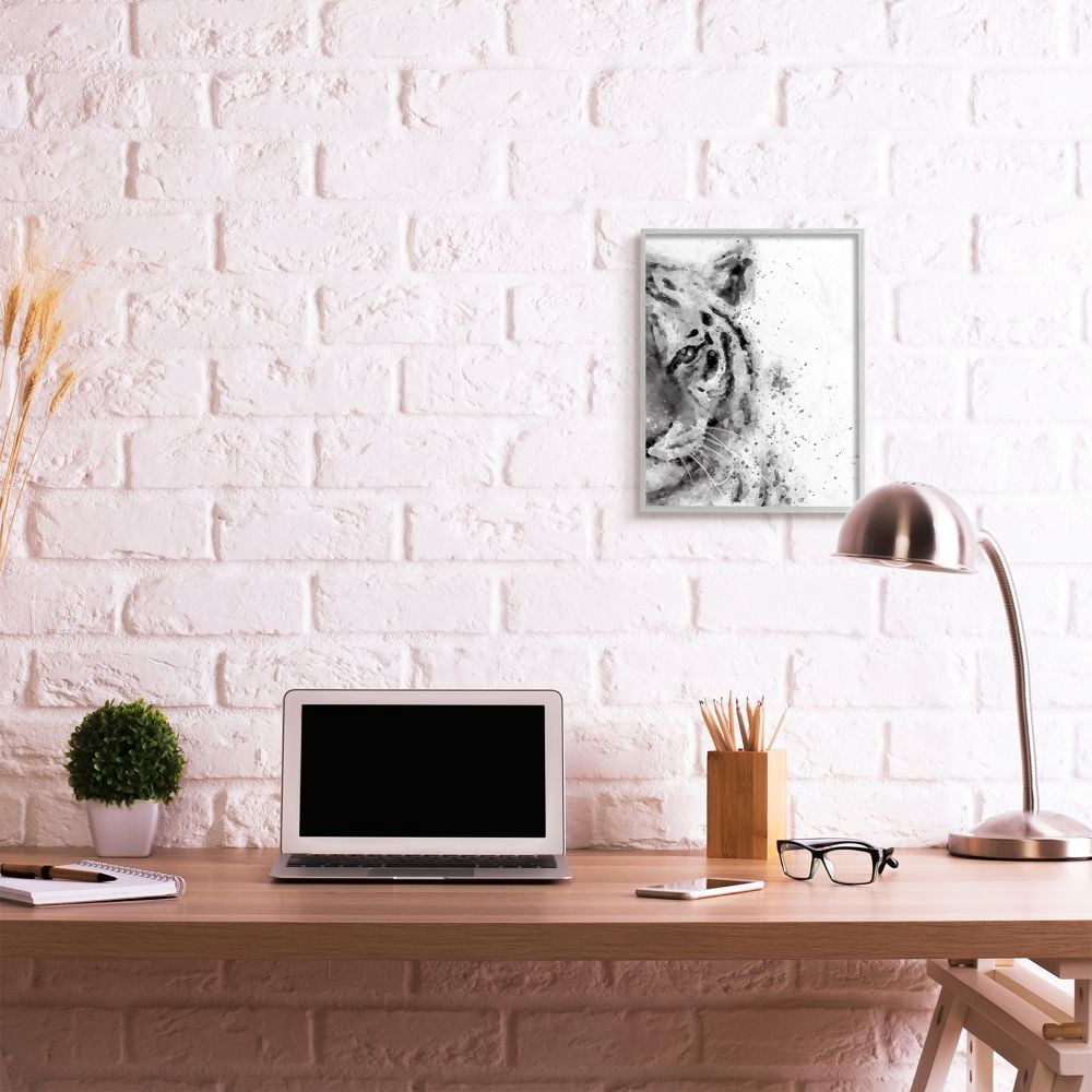 Stupell Industries Tiger Portrait Abstract Watercolor Safari Animal Black White Framed Wall Art Design by Brandon Wong, 16" x 20", Gray Framed
