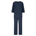 thumbnail image 4 of NMMUED Womens Linen Set Cotton Linen Vacation Outfits Linen Matching Linen Lounge 3/4 Sleeve Top Wide Leg Pants Spring Airport Clothes Women Matching Sets Outfits Dark Blue 3XL, 4 of 6
