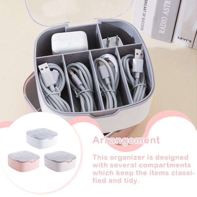 Desktop Organizer Compartments Organization Plastic Stationery Table Storage Box with Lid Household Carrying Data Line Cable Holder Pink