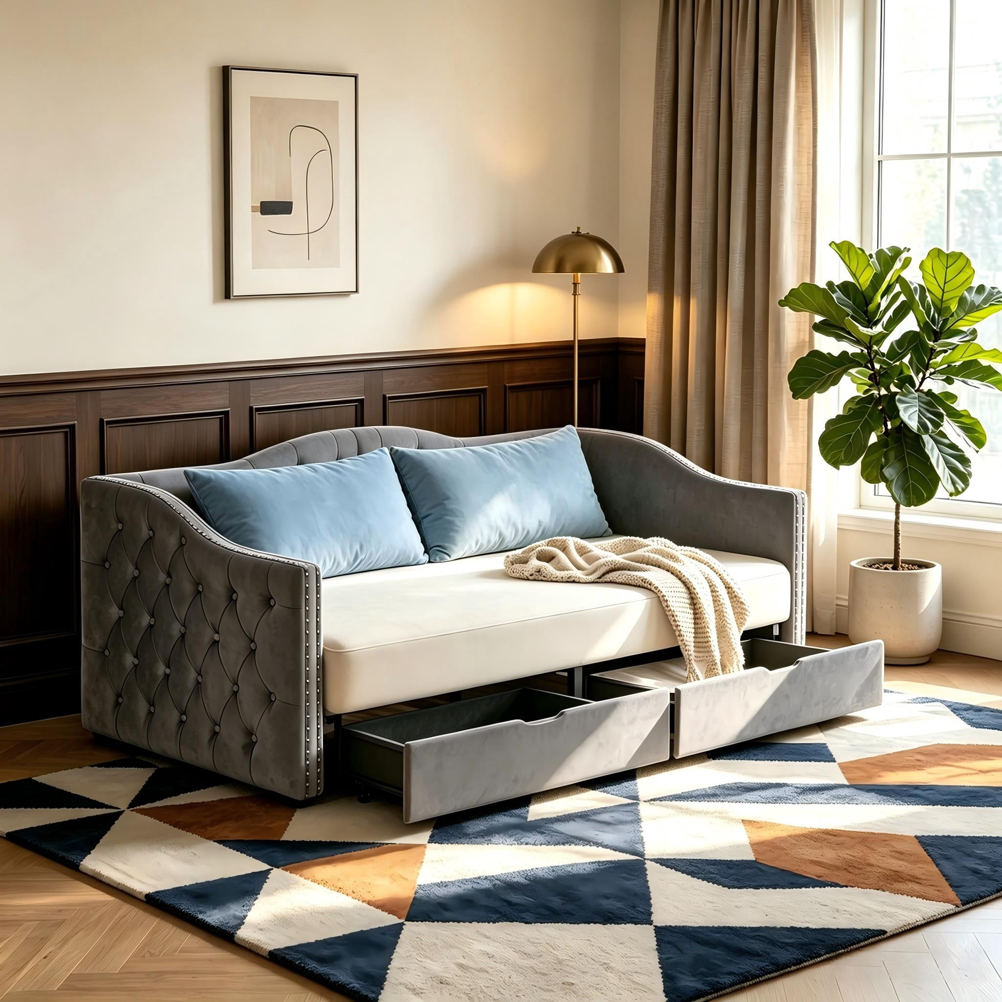 Aukfa Twin Size Upholstered Daybed with 2 Storage Drawers and Charging Station, Velvet Bed Frame with Button-Tufted & Nailhead Trim, Gray