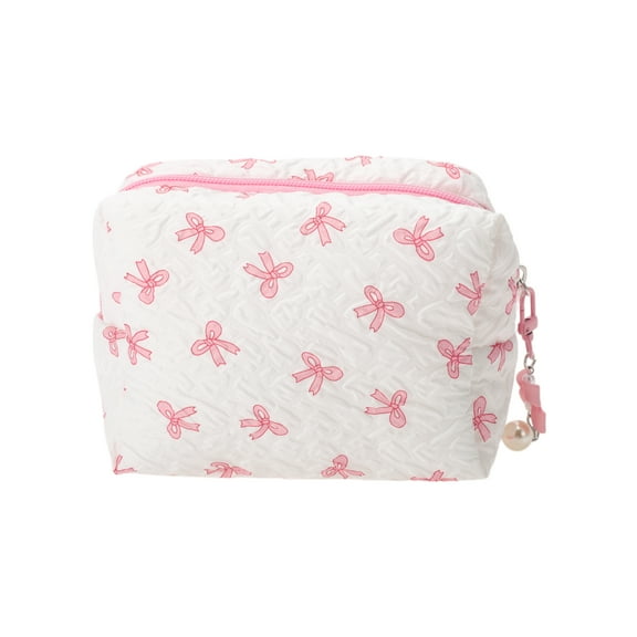 Unique Bargains 1 Pc Square Bag with Pendant Bow Makeup Bag White Pink Polyester