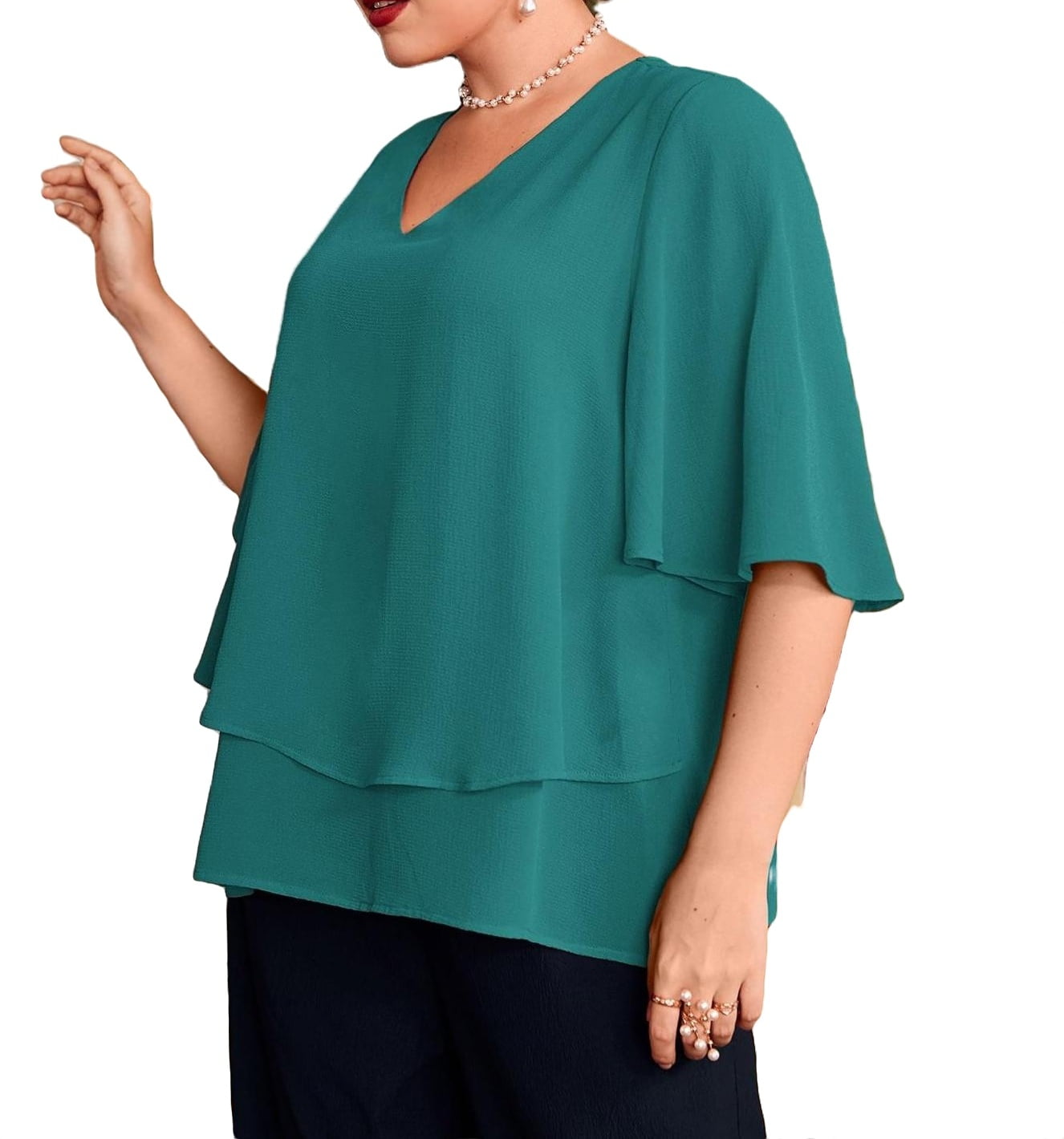 Teal Blue Casual Plain V neck Top ElbowLength Plus Size Blouses (Women
