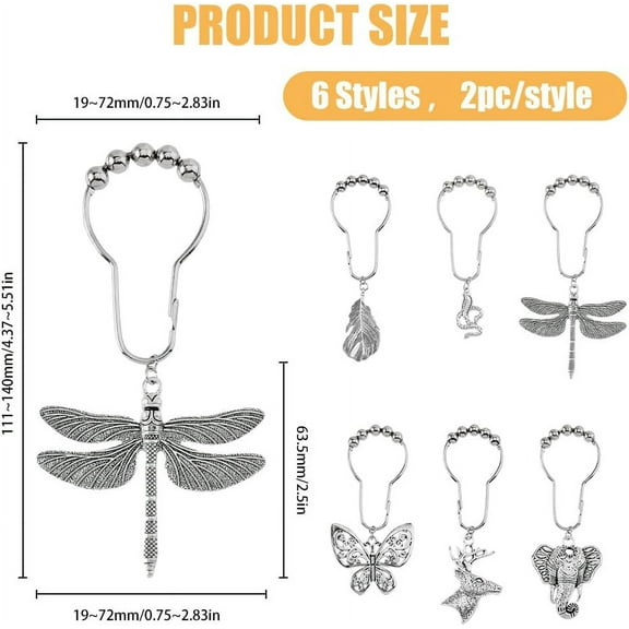 12Pcs 6 Styles Animal Theme Shower Curtain Rings Iron Shower Curtain Hooks Rings with Alloy Dragonfly Elephant Reindeer Pendants Platinum Metal Shower Rings Hooks 111-140mm