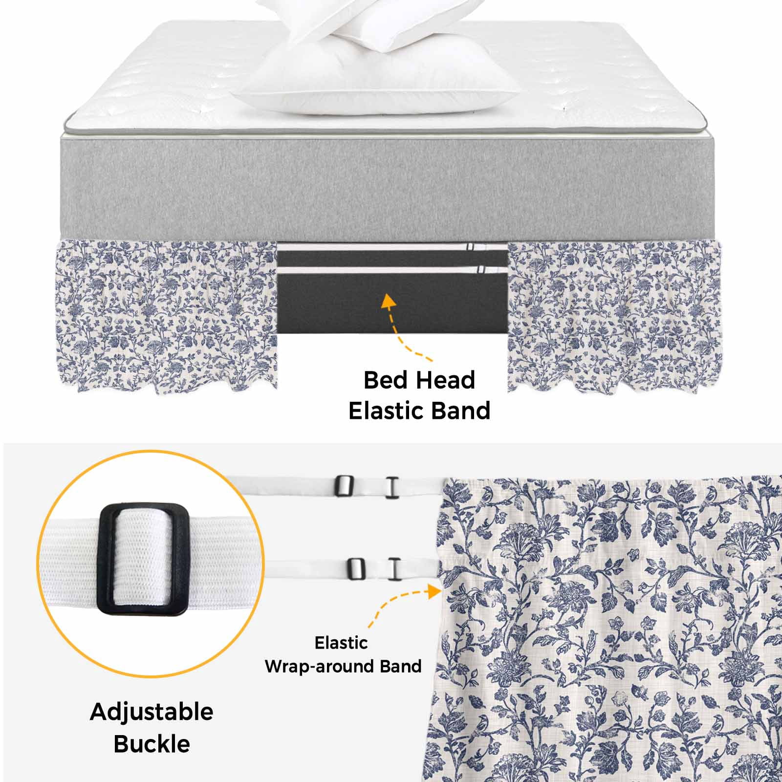Blue Floral Leaf Bed Skirt Queen Size, Retro Farmhouse Plant Tree Branch Wrap Around Bed Skirting with Adjustable Elastic Strap, Dust Ruffle Pleated Bedskirts 18 Inch Drop for Bedroom Queen Beds