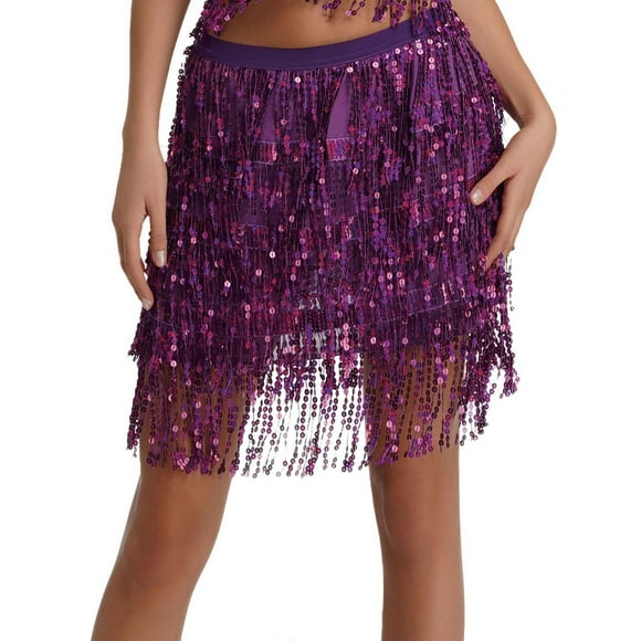 Besolor Women's Sequin Fringe Skirt Elastic Waisted Sparkle Tassel Mini Skirts Night out Party Dance Skirt