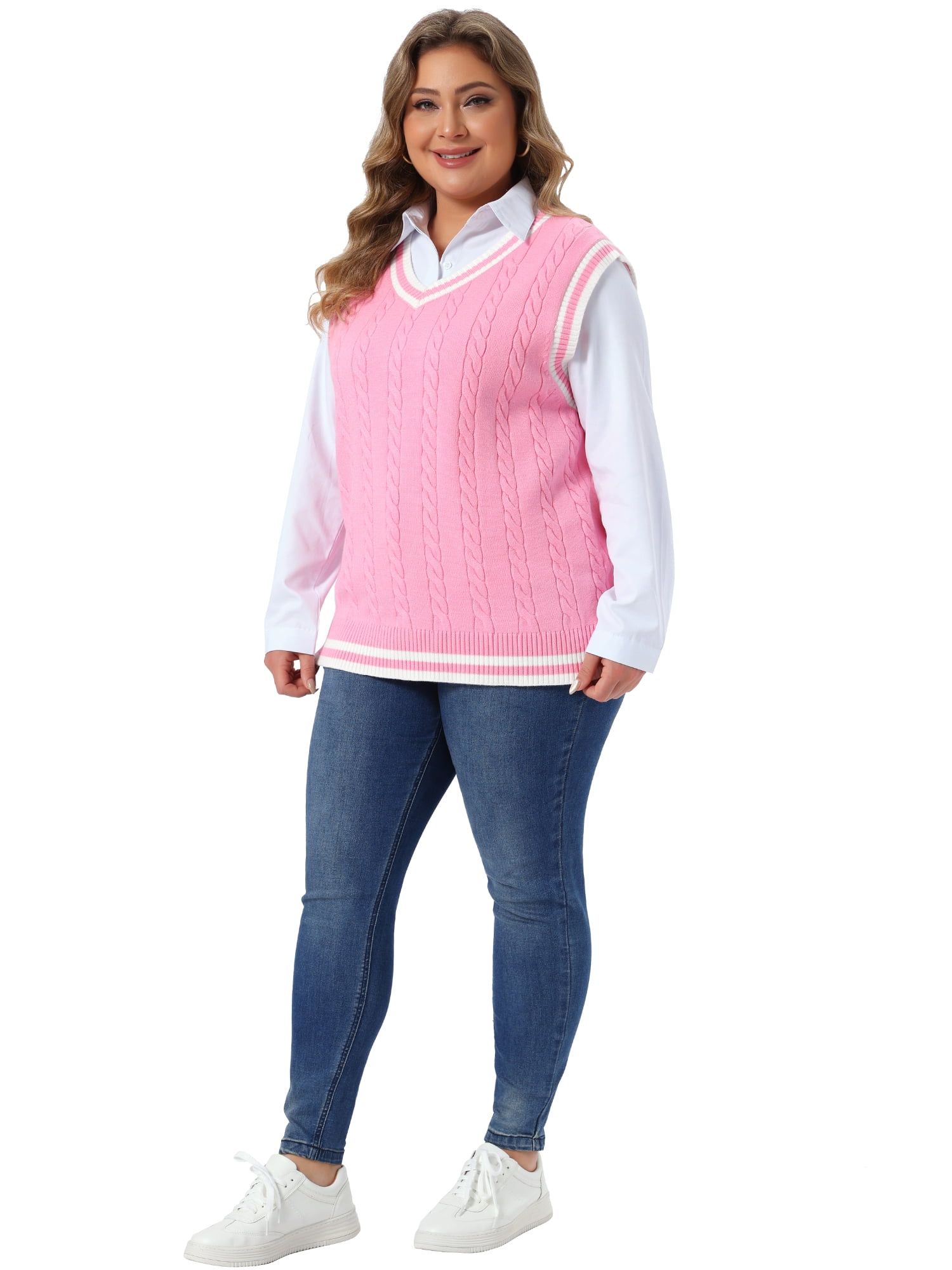 DARING DIVA Women's Plus Sweater V Neck Sleeveless Preppy Vest 2X Pink