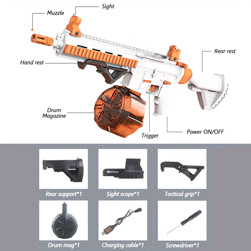 30-Inch Electric Gel Ball Blaster – Full Auto Splatter Blaster, 10 Rounds/Second, 1000+ Capacity Drum, Adjustable Stock SBL-14A-Orange for 14+ Years Old