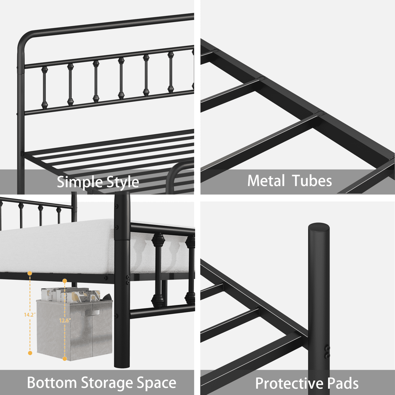 Youmumeub Queen Size Metal Platform Bed Frame with Headboard, Reinforced Sturdy Structure, Noise-Free, Ample Under Bed Storage, No Box Spring Needed, Black