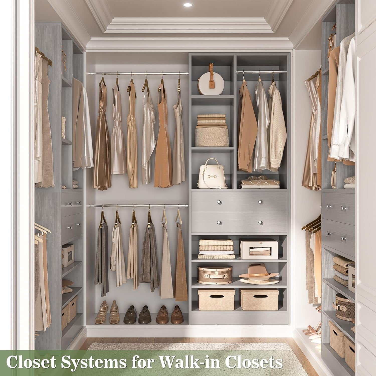 Homieasy Closet System, 2.4–8.8 FT Closet Organizer System with 2 Drawers, 5 Hanging Rods and Shoe Racks for Walk-in Closet, Bedroom, Gray