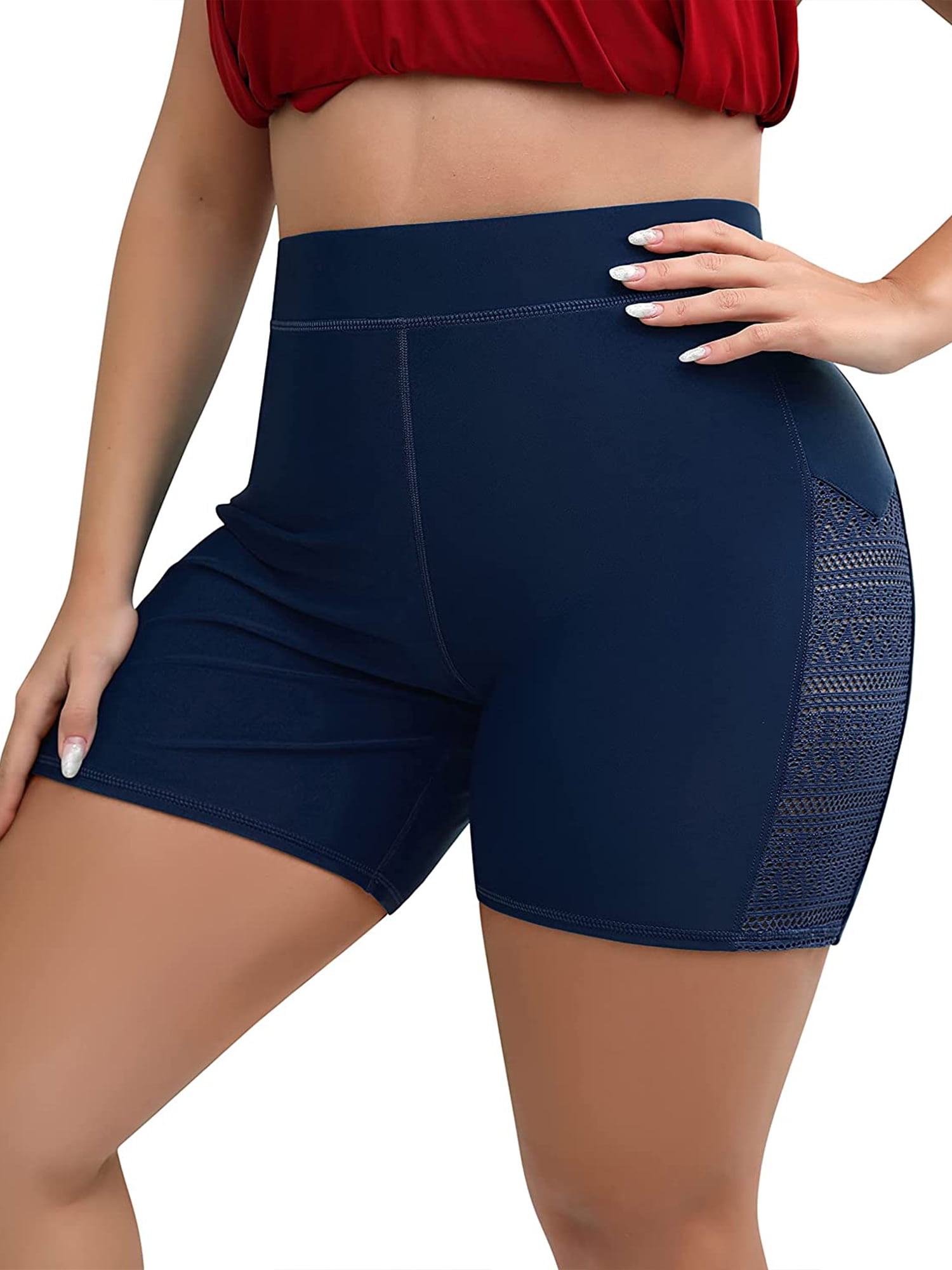 Charmo Women Plus Size Swim Short Mesh Board Shorts High Waisted Boyleg Swimsuit Bottoms