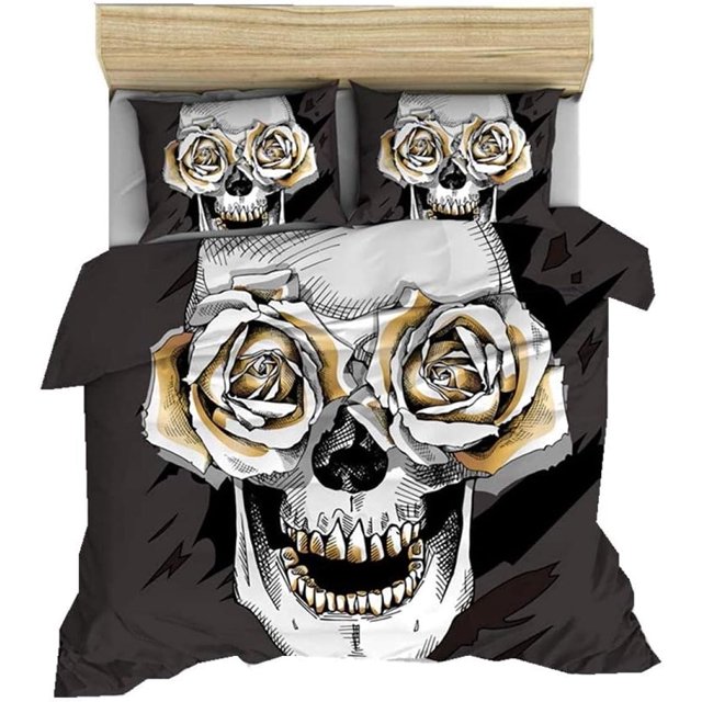 Juego de funda nórdica Juego de ropa de cama con calaveras Funda de edredón con calavera gótica y flores Funda de edredón con huesos de esqueleto 3D y fundas de almohada - Gris - Doble