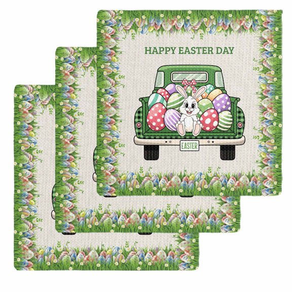 Spring Easter Kitchen Dish Towels for Drying Dishes Set of 3, Easter Eggs Bunny Truck Botanical Burlap Waffle Weave Microfiber Hand Tea Bathroom Towels Quick Dry & Absorbent Towel 12x12