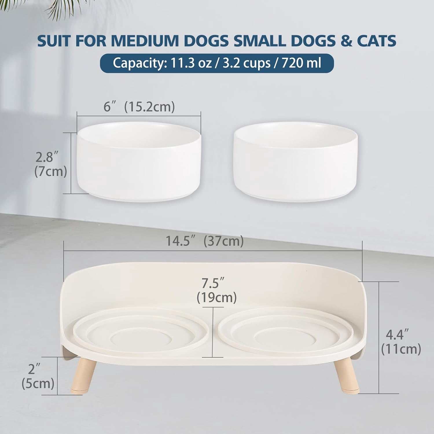 Elevated Ceramic Dog Bowl Set - Double Dog Feeding Bowls with Stand Splash Proof - Raised Dishes for Food and Water - Ideal for Small to Medium Dogs - 2 x 850 ml - 28.74 oz - White
