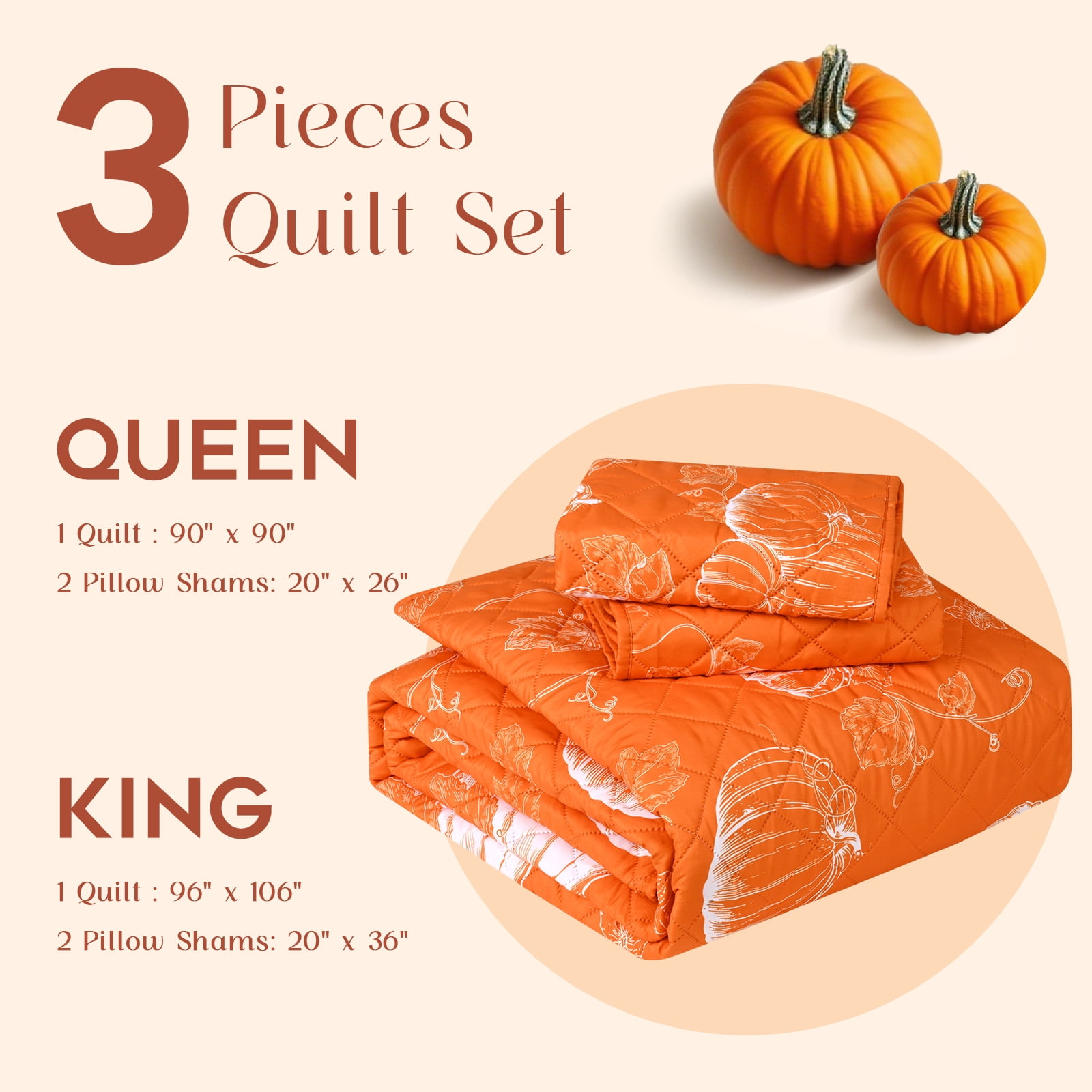 BLEUM CADE 3 Pieces Fall Quilt Set King with 2 Pillow Shams, Thanksgiving Reversible Bedding Set Pumpkins Quilt Set, Soft Lightweight Bedspread Coverlet Set