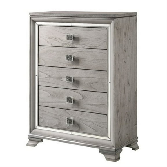 5 Drawers Wooden Frame Chest with Square Crystal Knobs, Gray and Silver