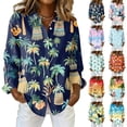 thumbnail image 4 of Minjewel Women's Hawaiian Print Shirt Long Sleeve Button Up Blouse Casual Collared Top with Floral Design for Spring Summer Outdoor Vacation Beach Party Daily Wear,Saffron,2XL, 4 of 6