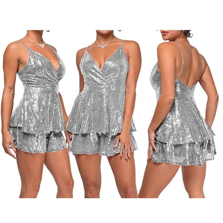 GZWYHT Lounge Sets for Women Comfy Sets for Women Clothing Womens Sequins Sparkly Rompers Culottes Dance Dress Leotard Dancewear Two Piece Sets for Women Two Piece Sets for Women Summer Grey M