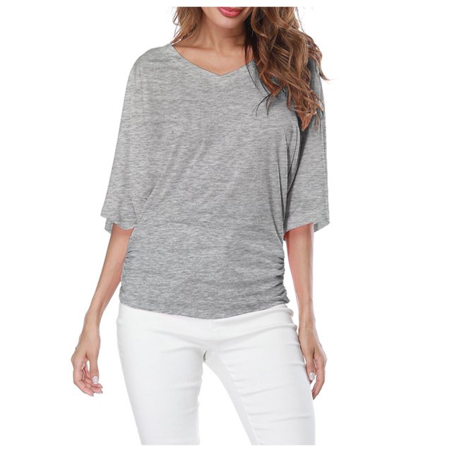 Plus Size Women's V Neck T Shirt: Batwing Sleeve, Loose Fit, Solid Color, Comfortable
