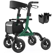 MAXWALK All-Terrain Rollator Walker for Seniors, 10" Rubber Wheels Foldable Walker with Padded Seat, Height Adjustable Mobility Walking Aid, Green