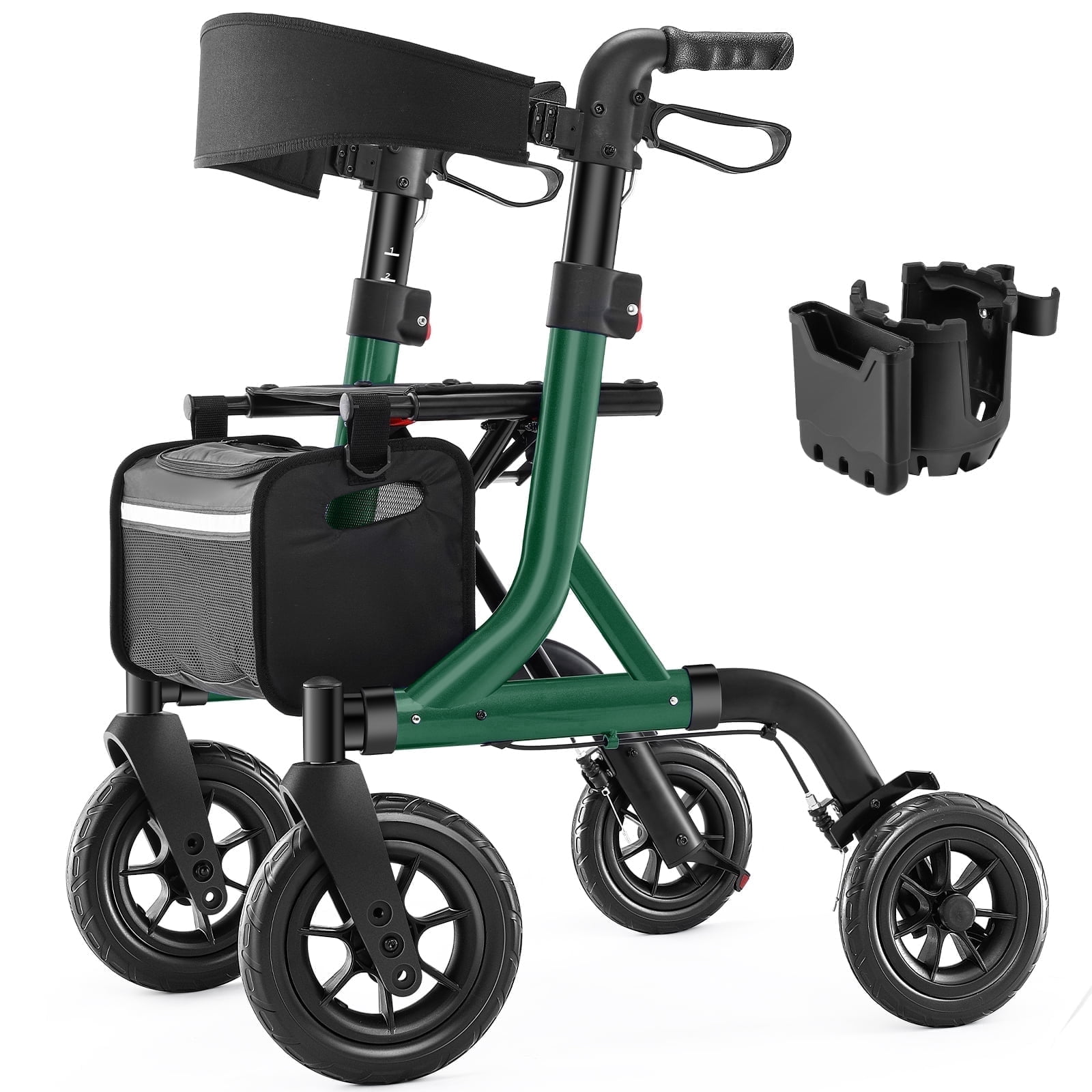 MAXWALK All-Terrain Rollator Walker for Seniors, 10" Rubber Wheels Foldable Walker with Padded Seat, Height Adjustable Mobility Walking Aid, Green