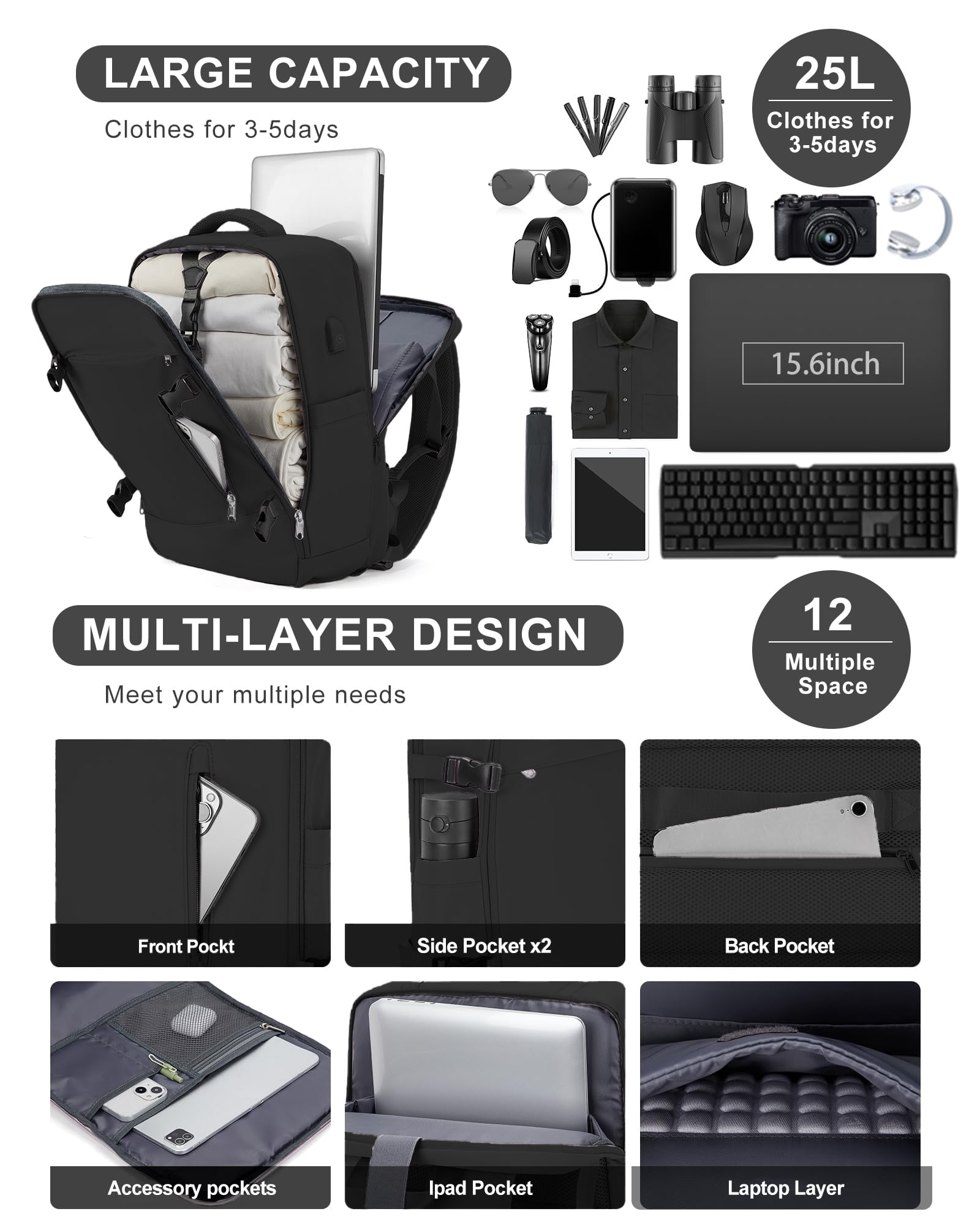 DAKIMOE Large Travel Backpack for Adults Carry on Laptop Backpack Flight Approved Waterproof College Bag with USB Charging Port & Shoe Pouch Casual Daypack for Women Men for Weekender Business, Black