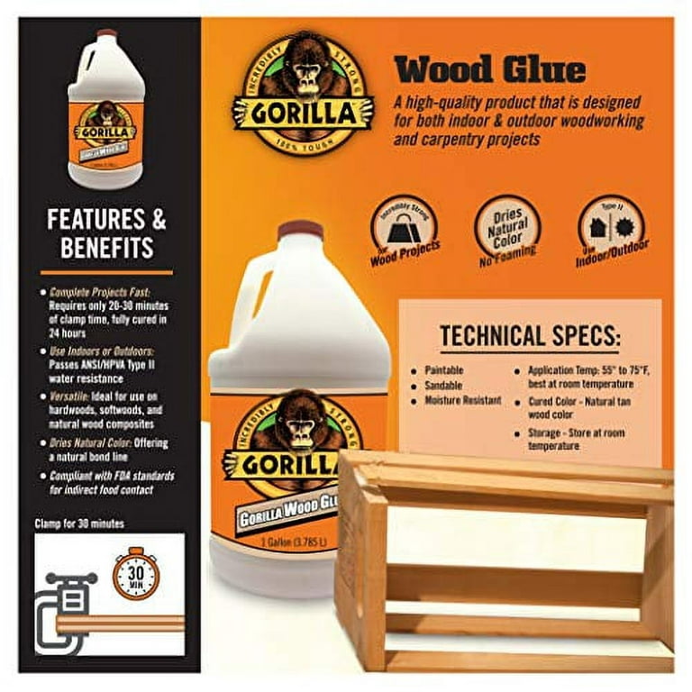 Gorilla Wood Glue, 1 Gallon Bottle, Natural Wood Color, (Pack of 1) 