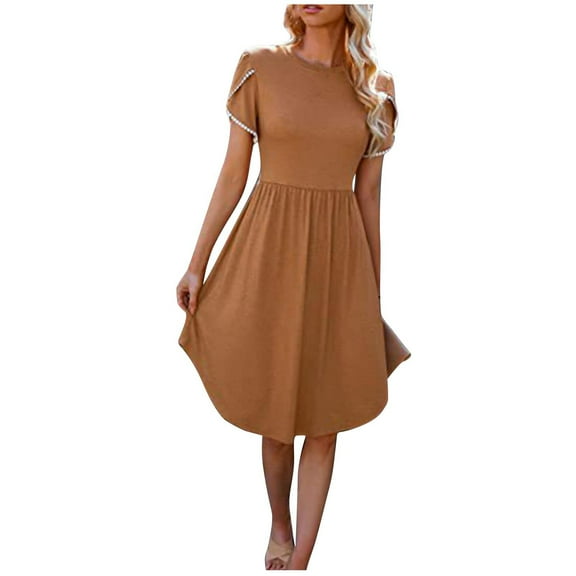 PuLe 【New】 Summer Short Sleeve Dress Cotton Dress for Women Crew Neck Short Sleeve Dress Summer Midi Long Dress Trendy Casual Work Dress Flowy Solid Dress 