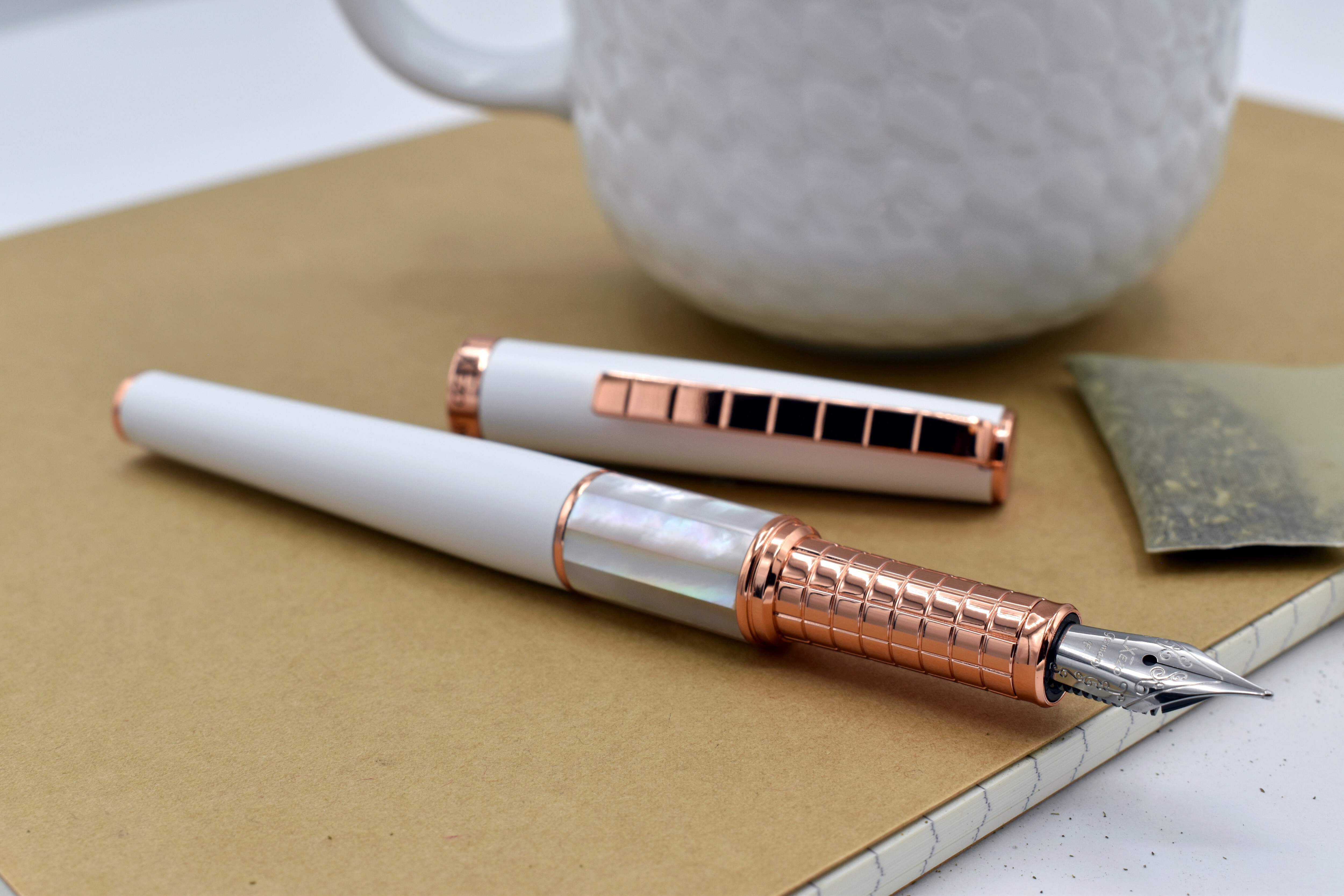 Xezo Speedmaster® White Brass Fountain Pen (Fine Nib) - With White Mother of Pearl  Rose Gold