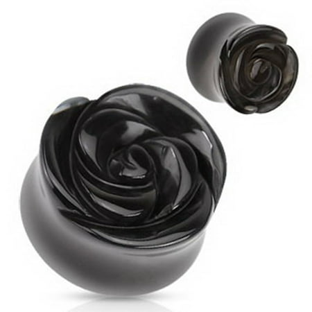 Flared Plugs - Black Onyx Rose Double Flared Ear Plug (18 mm, 11/16 Inch) - 2 Piece