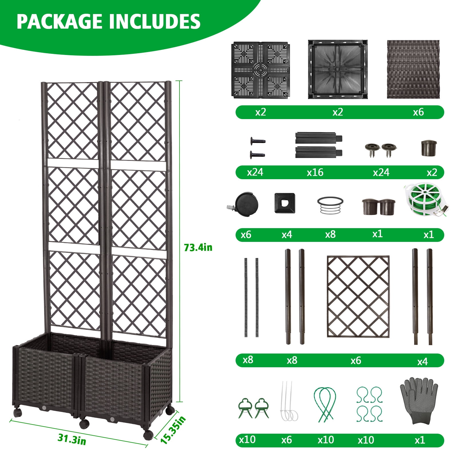 ROMUCHE Trellis Planter on Wheels, Self Watering Garden Planter Box with Drainage Hole for Climbing Plant Vegetable Flower