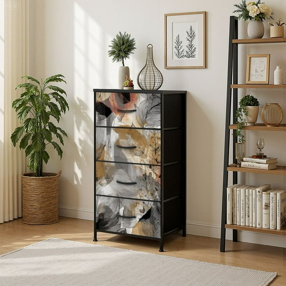 4 Drawer Vertical Storage Dresser Beautiful floral palm tropical leaves abstract forms with Wood Top Fabric Pull Drawers