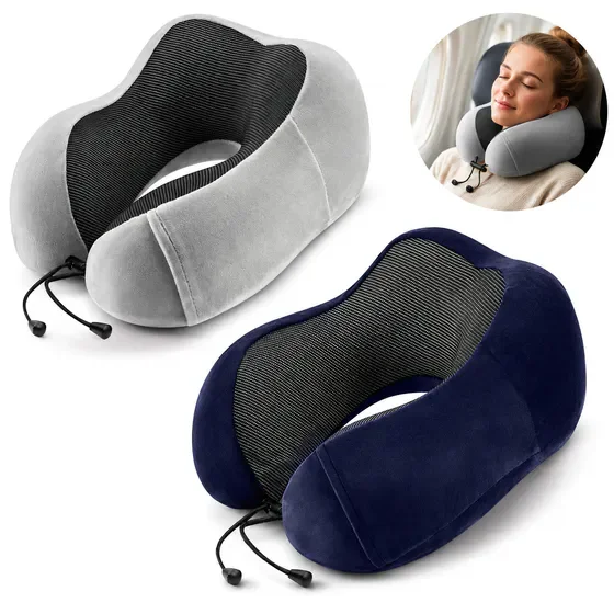 Set of 2 Memory Foam Travel Neck Pillows, Ergonomic U-Shaped Support Cushions in Grey & Navy, Portable Rest Pillows for Airplane Car Office