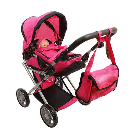 Mommy & Me Baby Doll Stroller Deluxe Foldable 4 in 1 Doll Pram with Carrier, Adjustable Handle, Basket, and Carriage