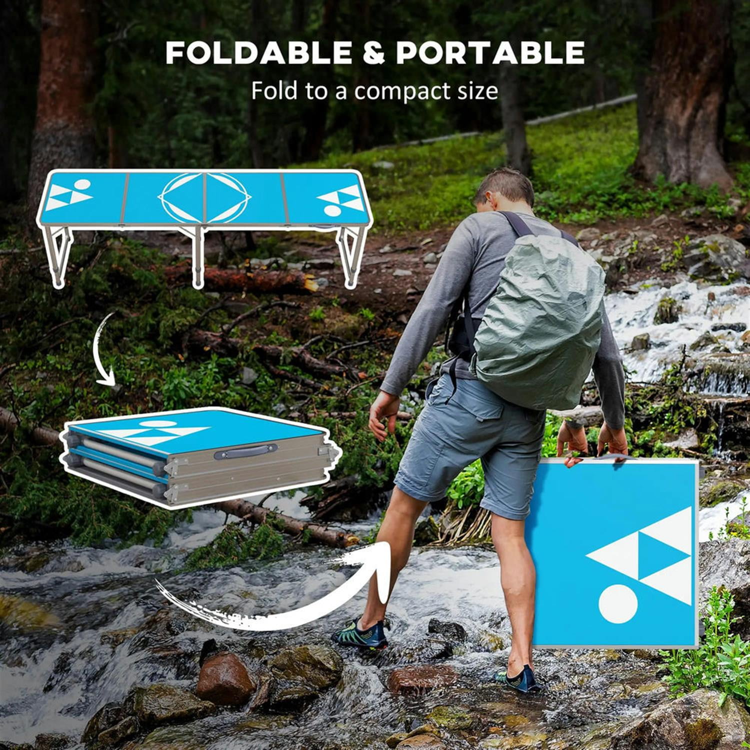 Demi Bonn Outdoor Aluminum Folding Table with Adjustable Legs, 8ft Picnic Table for BBQ, Beach, Hiking, Blue