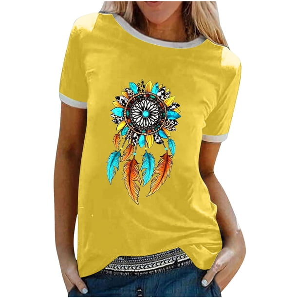 Camiseta holgada cómoda debajo de la cintura con cuello redondo y estampado elegante para mujer, blusa de manga corta, Tops informales OAVQHLG3B Store lin121212