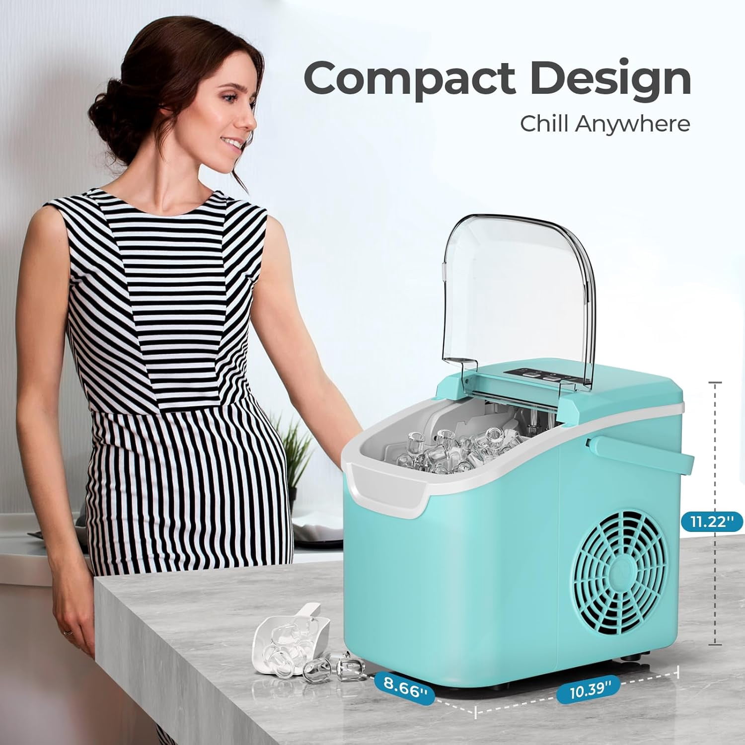 Portable Countertop Ice Maker Machine, 6-Minute 8-Cube Bullet Ice, 26lb Daily, 2 Sizes, Energy Saving with Basket for Home Travel Camping Bar