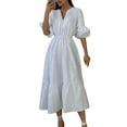 thumbnail image 2 of Liacowi Women Summer V Neck Puff Sleeve Off Shoulder Ruffle Tiered Smocked Midi Dress, 2 of 3